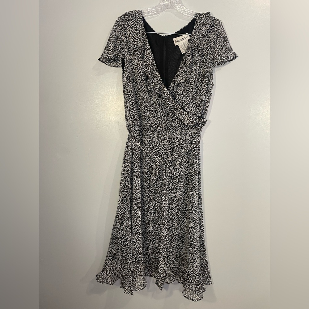 Vintage Danny & Nicole Faux Wrap Midi Dress Ruffle Black White Size 14 Lined